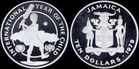 JAMAICA: 10 Dollars (1979) in silver (0,925) commemorating the International Year of the Child with Arms with supporters. Map back of child playing cr...