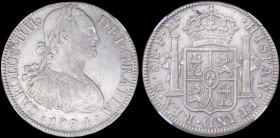 MEXICO: 8 Reales (1794MO FM) in silver (0,896) with laurete bust of Charles IIII facing right. Crowned shield flanked by pillars with banner on revers...