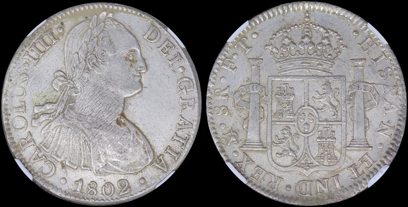 MEXICO: 8 Reales (1802Mo FT) in silver (0,896) with laurete bust of Charles IIII...