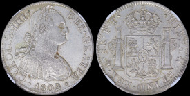 MEXICO: 8 Reales (1802Mo FT) in silver (0,896) with laurete bust of Charles IIII facing right. Crowned shield flanked by pillars with banner on revers...