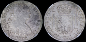 MEXICO: 8 Reales (1805Mo TH) in silver (0,896) with laurete bust of Charles IIII facing right. Crowned shield flanked by pillars with banner on revers...