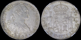 MEXICO: 8 Reales (1808Mo TH) in silver (0,896) with laurete bust of Charles IIII facing right. Crowned shield flanked by pillars with banner on revers...
