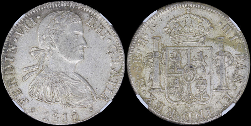 MEXICO: 8 Reales (1810Mo HJ) in silver (0,896) with armored laureate bust of Fer...