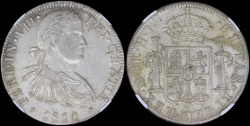 MEXICO: 8 Reales (1810Mo HJ) in silver (0,896) with armored laureate bust of Ferdinand VII facing right. Crowned shield flanked by pillars banner. Ins...