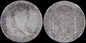 MEXICO / ZACATECAS: 8 Reales (1821ZS RG) in silver (0,903) with draped laureate bust of Fernando VII. Crowned shield flanked by pillars on reverse. In...