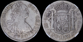 PERU: 8 Reales (1794LIMAE IJ) in silver (0,896) with laureate bust of Charles IIII facing right. Crowned Arms and pillars on reverse. Inside slab by N...