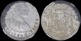 PERU: 8 Reales (1806LIMAE JP) in silver (0,896) with laurete bust of Charles IIII facing right. Crowned shield flanked by pillars with banner on rever...