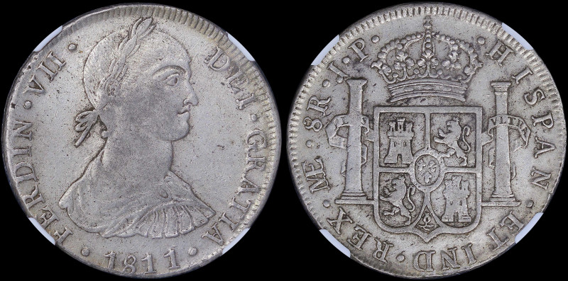 PERU: 8 Reales (1811LIMAE JP) in silver (0,896) with smaller (imaginary) bust of...