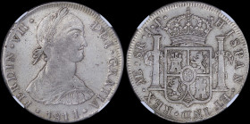 PERU: 8 Reales (1811LIMAE JP) in silver (0,896) with smaller (imaginary) bust of Ferdinand VII facing right. Crowned Arms and pillars on reverse. Insi...