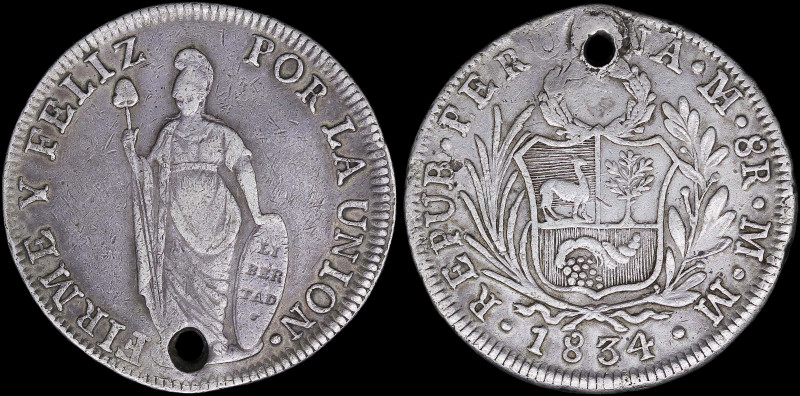 PERU: 8 Reales (1834LIMAE MM) in silver (0,903) within medium wreath above Arms ...