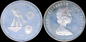 SAINT KITTS & NEVIS: 20 Dollars (1983) in silver (0,925) commemorating the Attainment of Independence with young bust of Queen Elizabeth II facing rig...
