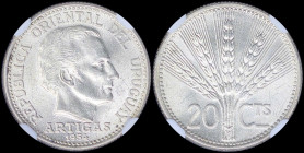 URUGUAY: 20 Centesimos [1954 (u)] in silver (0,720) with head of Artigas facing right. Wheat stalks divide value. Inside slab by NGC "MS 64". Cert num...