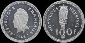 NEW HEBRIDES: 100 Francs piefort [1966 (a)] in silver (0,835) with head of Liberty facing left and date below. Scepter above value on reverse. Inside ...