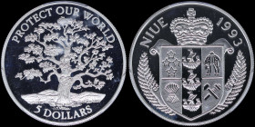 NIUE: 5 Dollars (1993) in silver (0,500) from the "Protect Our World" series with crowned Arms within sprigs. Oak tree on reverse. Inside slab ny PCGS...