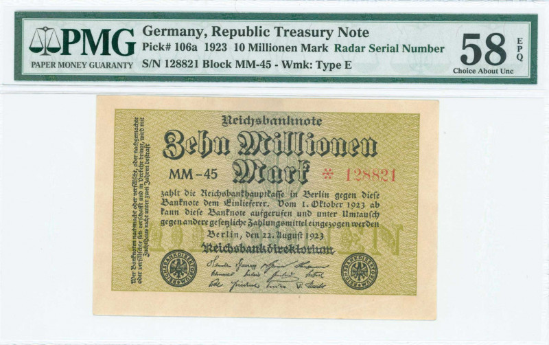 GERMANY: 10 millionen Mark (22.8.1923) in black on pale olive-green and blue-gra...