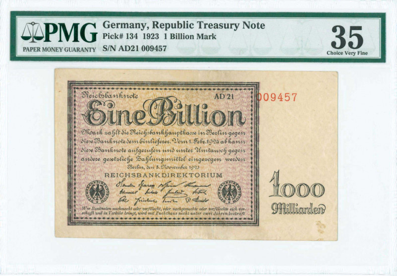 GERMANY: 1 billion Mark (5.11.1923) in black on violet and brown unpt. S/N: "AD2...