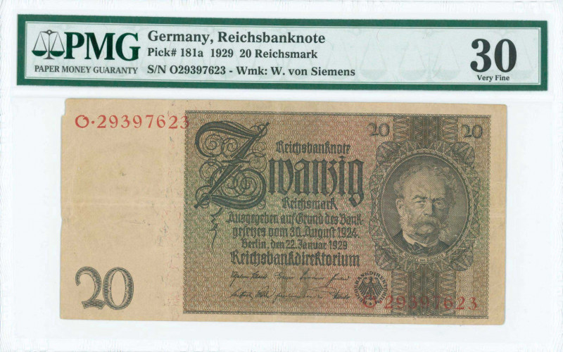 GERMANY: 20 Reichsmark (22.1.1929) in dark brown on multicolor unpt with potrait...