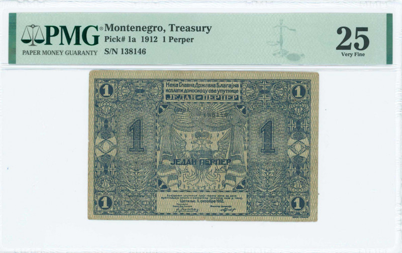 MONTENEGRO: 1 Perper (1912) in dark blue on green paper with Arms at center. S/N...