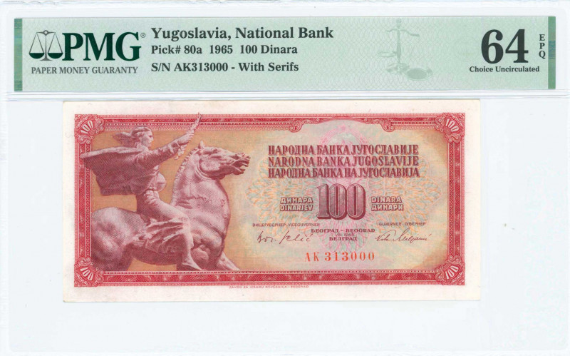 YUGOSLAVIA: 100 Dinara (1.8.1965) in red on multicolor unpt with equestrian stat...