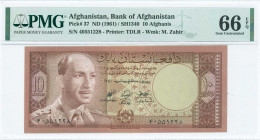 AFGHANISTAN: 10 Afghanis (SH1340 / 1961) in brown on multicolor unpt with King Muhammad Zahir (third portrait) at left. S/N: "40551228". WMK: Muhammad...