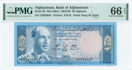 AFGHANISTAN: 20 Afghanis (SH1340 / 1961) in blue on multicolor unpt with King Muhammad Zahir (third portrait) at left. S/N: "22628853". WMK: Muhammad ...