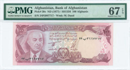 AFGHANISTAN: 100 Afghanis (SH1356 / 1977) in brown-lilac on multicolor unpt with President Muhammad Daud at left. S/N: "24P 3997717". WMK: Muhammad Da...
