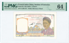FRENCH INDO-CHINA: 1 Piastre (ND 1953) in multicolor with woman at right. S/N: "Y.358 571". WMK: Mercury head. Inside holder by PMG "Choice Uncirculat...