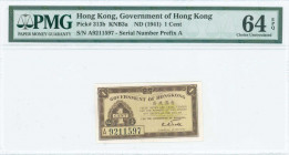 HONG KONG: 1 Cent (ND 1941) in brown on ochre unpt. S/N: "A 9211597". Inside holder by PMG "Choice Uncirculated 64 EPQ". (Pick 313b).