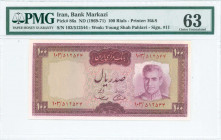 IRAN: 100 Rials (ND 1969-71) in maroon on light green and multicolor unpt with ornate design at cente and portrait of Shah Pahlavi (type VII) in army ...