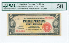 PHILIPPINES: 5 Pesos (1936) in black on yellow unpt with portrait of Willian McKinley at left and admiral George Dewey at right. S/N: "D 2132345 D". P...