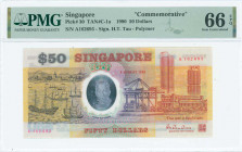 SINGAPORE: 50 Dollars (9.8.1990) in red and purple on multicolor unpt with silver hologram of Yusof bin Ishak at center, old harbor scene at left & mo...