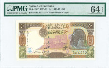 SYRIA: 50 Pounds (1998) in dark and light brown, green and lilac on multicolor unpt with Aleppo Citadel at center and water wheel of Hama at right. S/...