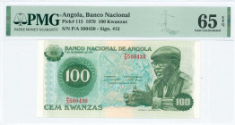 ANGOLA: 100 Kwanzas (14.8.1979) in green on multicolor unpt with Antonio Agostinho Neto at right. S/N: "P/A 500430". WMK: Five pointed star and value....
