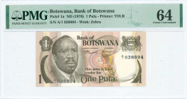 BOTSWANA: 1 Pula (ND 1976) in brown on multicolor unpt with Sir Seretse Khana at left. S/N: "A/1 038894". WMK: Rearing zebras. Printed by TDLR. Inside...