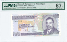 BURUNDI: 100 Francs (1.10.1993) in dull purple on multicolor unpt with Prince Rwagasore at right. S/N: "EE 894855". Inside holder by PMG "Superb Gem U...