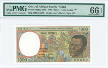 CENTRAL AFRICAN STATES / CHAD: 1000 Francs (2000) in dark brown and red on green and multicolor unpt with young man at right. S/N: "0067424157". Code ...