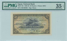 EGYPT: 25 Piastres (3.7.1941) in deep purple on multicolor unpt with banks of the Nile at center. S/N: "L/66 658586". Printed by BWC. Signature by Nix...