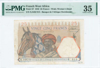 FRENCH WEST AFRICA: 25 Francs (1.10.1942) in multicolor with young man wearing turban with horse at left center. S/N: "X.3482 913". WMK: Woman head. I...