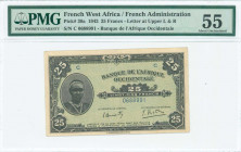 FRENCH WEST AFRICA: 25 Francs (14.12.1942) in black on green unpt with woman at left. S/N: "C 0688991" with block letter at upper left and upper right...