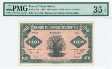 FRENCH WEST AFRICA: 100 Francs (14.12.1942) in black on pink unpt with Baobab tree at center. S/N: "V345 402". Printed by E A Wright. Inside holder by...