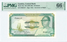 GAMBIA: 10 Dalasis (ND 1987-90) in green on multicolor unpt with sailboat at left and President Dawda Kairaba Jawara at right. S/N: "P 208127". WMK: C...