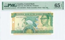 GAMBIA: 10 Dalasis (ND 1991-95) in dark green, green and olive-green on multicolor unpt with sacred Ibis at center and President Dawda Kairaba Jawara ...