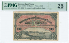 GERMAN EAST AFRICA: 10 Rupien (15.6.1905) in black on red unpt with Dar es Salam Harbor at lower center. S/N: "08923". Printed by G&D. Inside holder b...