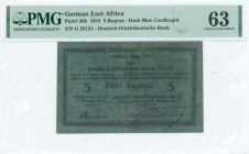 GERMAN EAST AFRICA: 5 Rupien (1.2.1916) in soft dark blue cardboard. S/N: "G 28124". Inside holder by PMG "Choice Uncirculated 63 / Small Tear". (Pick...