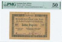 GERMAN EAST AFRICA: 10 Rupien (1.6.1916) in yellow brown cardboard. S/N: "B 64487". Inside holder by PMG "About Uncirculated 50". (Pick 41).