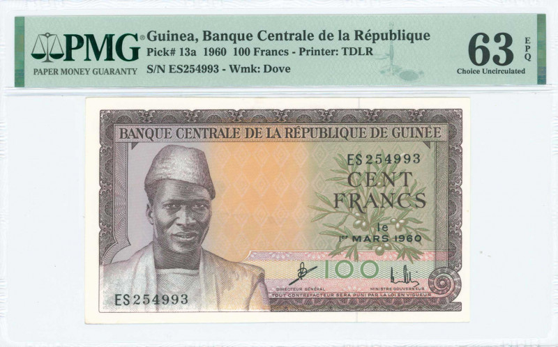 GUINEA: 100 Francs (1.3.1960) in dark brown on pale olive-green, pale orange, pi...