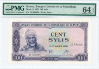 GUINEA: 100 Sylis (1971) in purple on multicolor unpt with Almany Samory Toure at left. S/N: "AE 592866". WMK: Dove. Inside holder by PMG "Choice Unci...