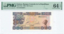 GUINEA: 100 Francs (1998) in multicolor with woman at left and Arms at center. S/N: "EW 5030715". Signatures by Keita & Toure. Printed by (TDLR). Insi...