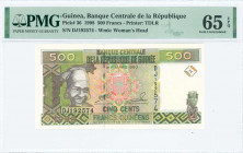 GUINEA: 500 Francs (1998) in multicolor with woman at left and Arms at center. S/N: "DJ 192574". WMK: Woman and "RG". Signatures by Keita & Toure. Pri...