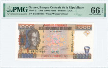 GUINEA: 1000 Francs (1998) in brown and red-brown on multicolor unpt with woman at left and Arms at center. S/N: "CW 567686". WMK: Woman and "RG". Pri...